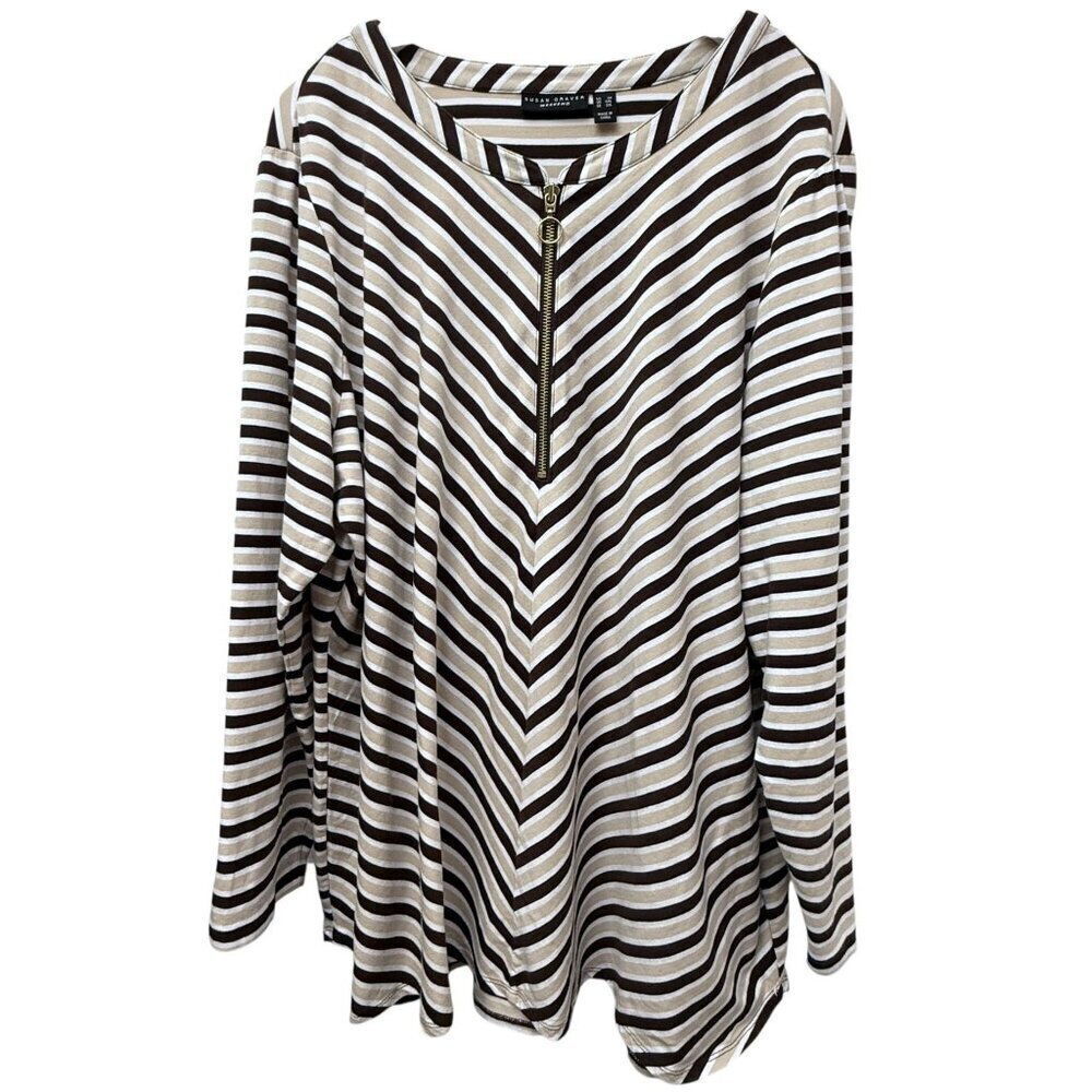 Susan Graver Womens Top Plus Size 3X Brown Stripe 1/2 Zip Tunic Tee Long Sleeve